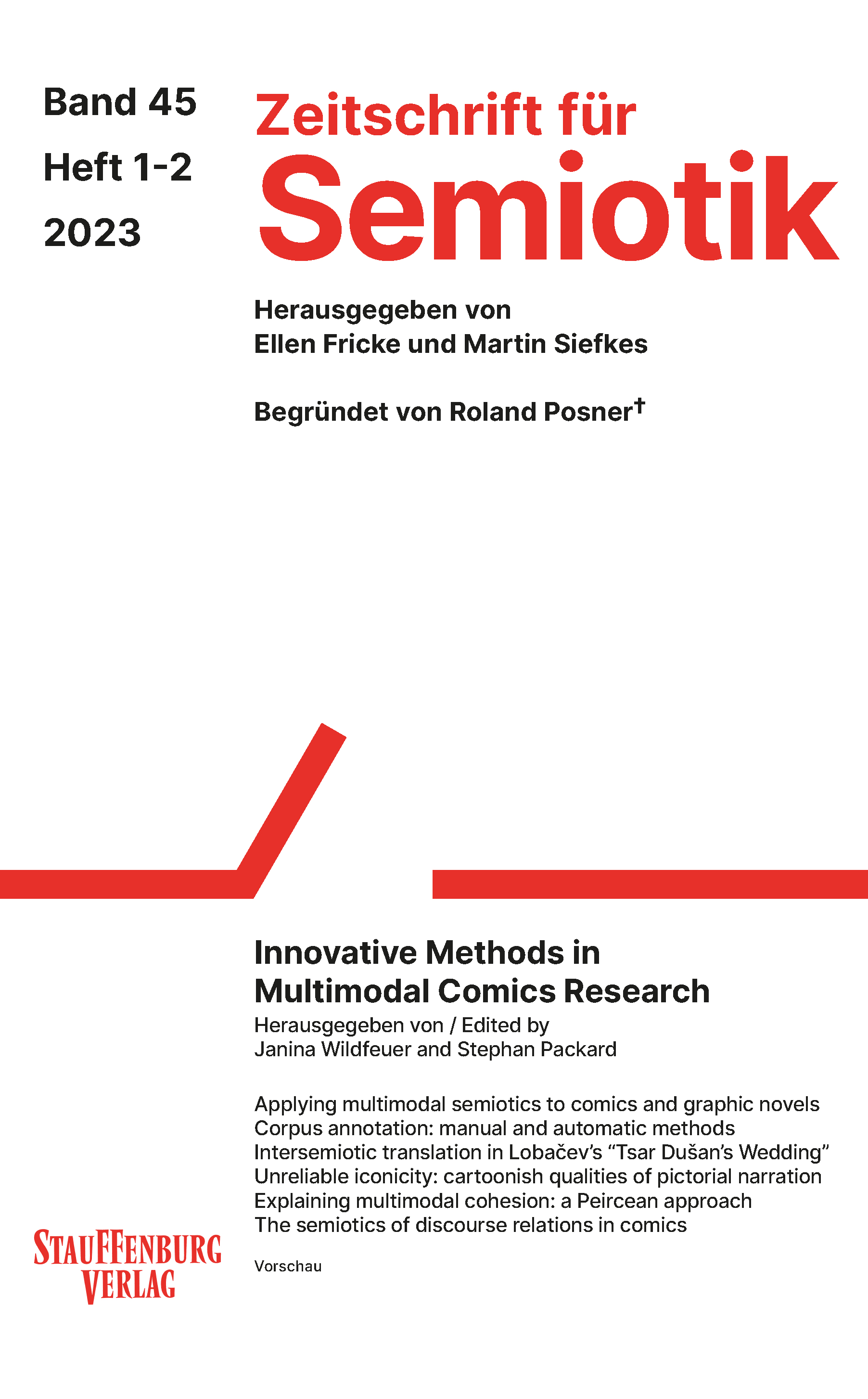 This is the cover of Zeitschrift für Semiotik 45, 1-2 from the year 2023. The titel of the issue is "Innovative Methods in Multimodal Comics Research".