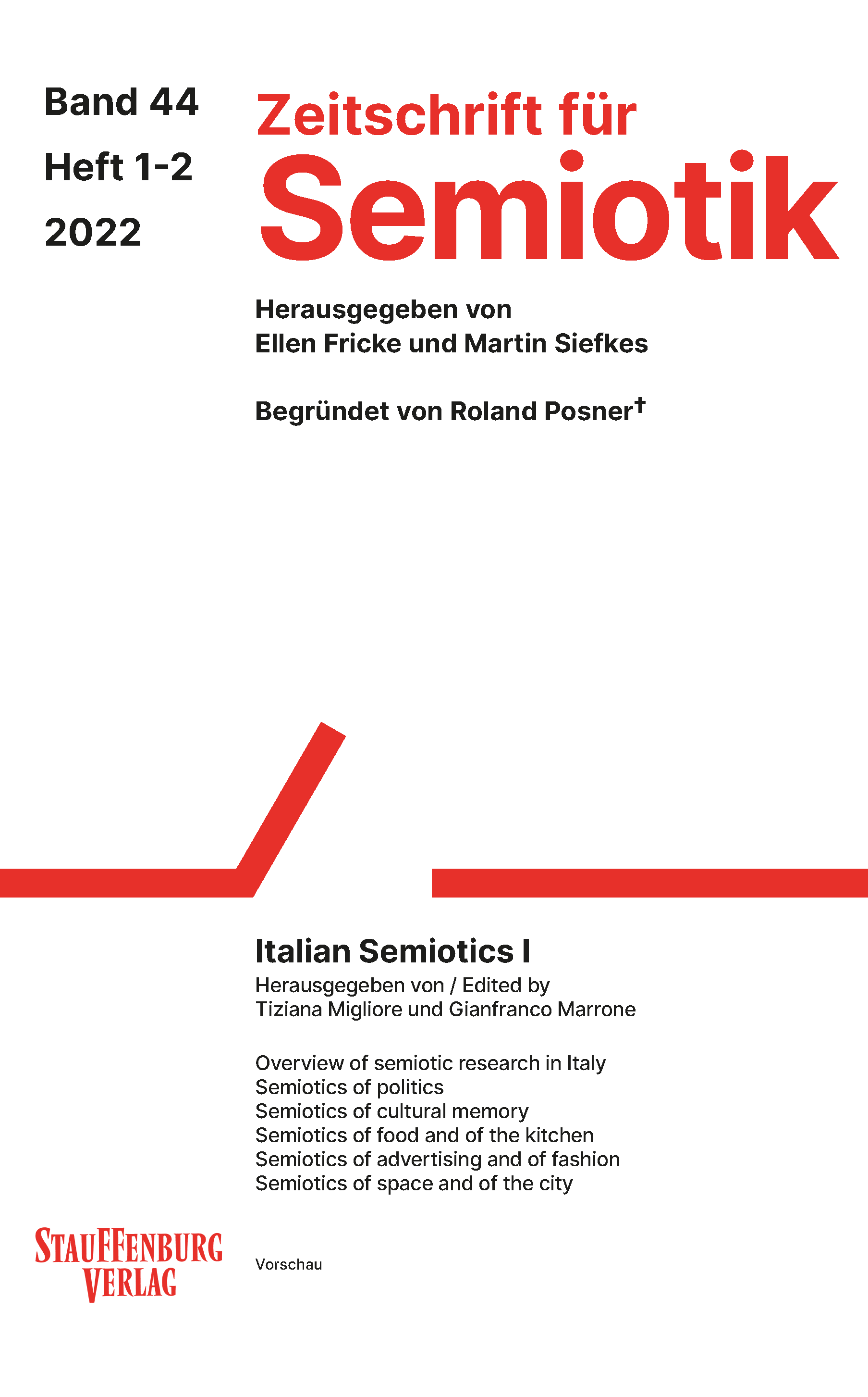 This is the cover of Zeitschrift für Semiotik 44, 1-2 from the year 2022. The titel of the issue is "Italian Semiotics I".