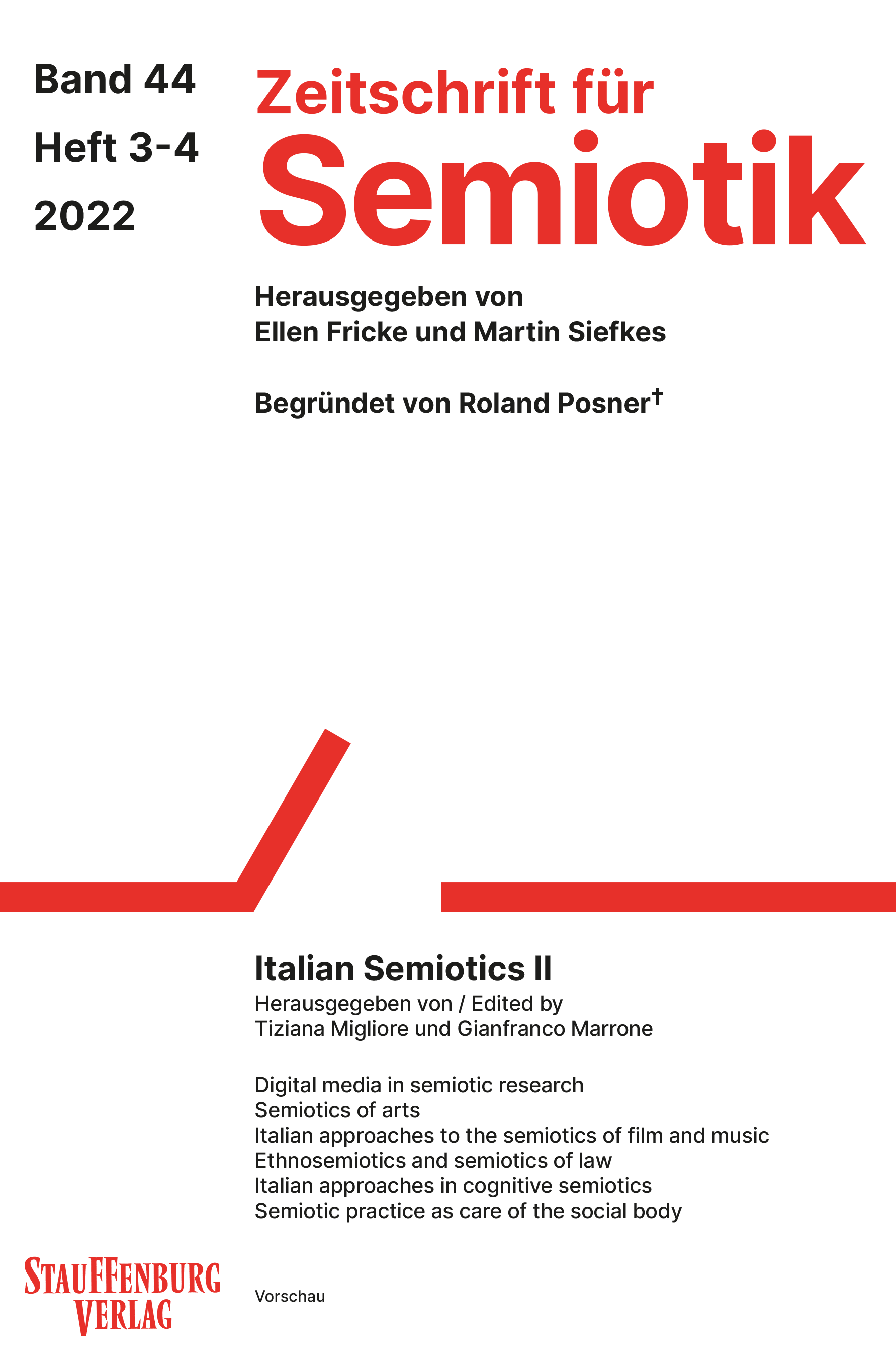 Das ist das Cover der Zeitschrift für Semiotik, Band 44, Heft 3-4, aus dem Jahr 2022. Der Titel lautet "Italian Semiotics II".